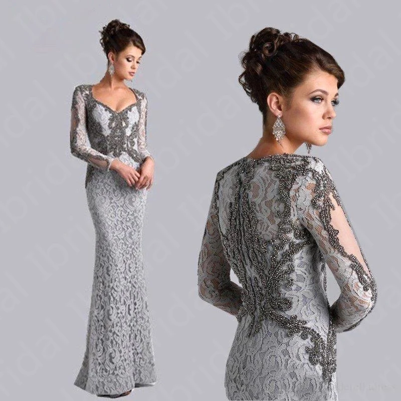 Laatste Elegant Silver Mermaid Moeder Van De Bruid Jurken Lace Lange Mouwen V Hals Kralen Lijfje Bruiloft Gast Jurken 2023