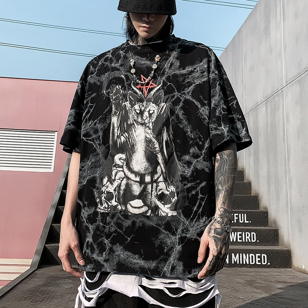 

Dark Fashion Summer Tops Punk Rock Mens T Shirt Streetwear Hip Hop Oversized Black Cat Graphic Tees Men Goth Clothes Tshirt