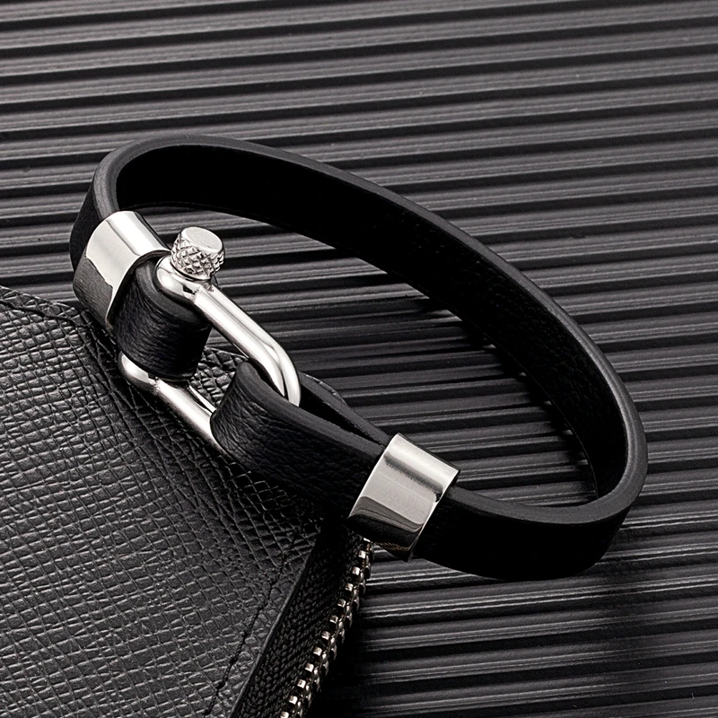 MKENDN Stainless Steel U Shape Leather Bracelet Men Women Biker Anchor Clasp Buckle Bracelets & Bangle Wristband Couple Jewelry