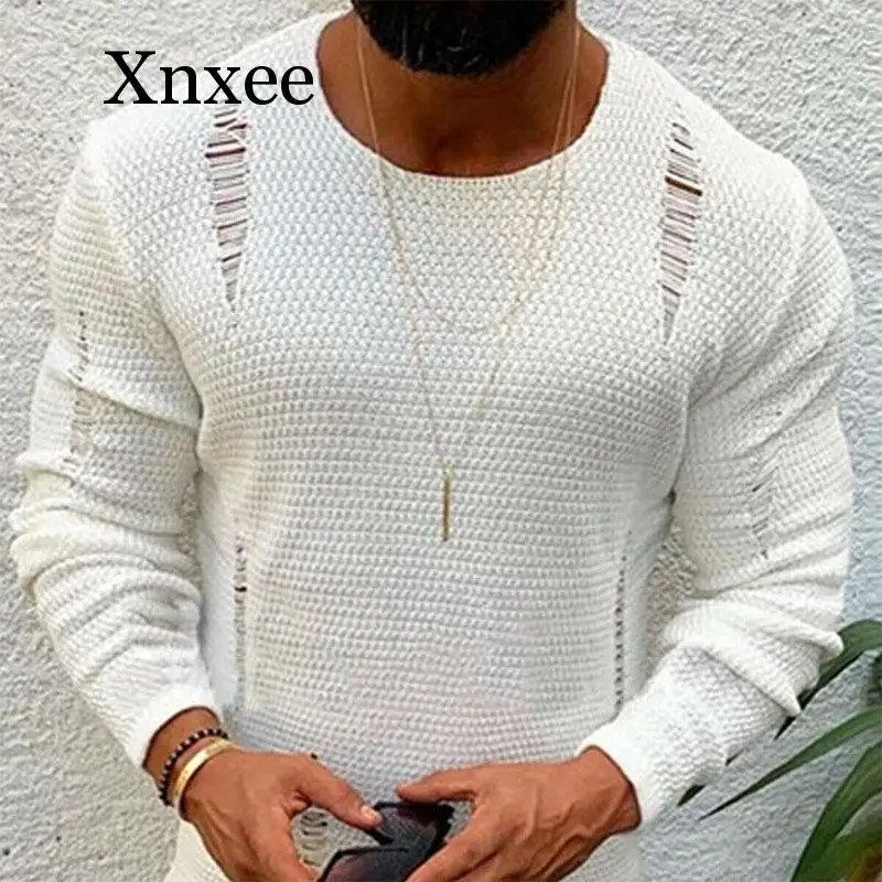 

White Men Ripped Sweater Cotton Soft Male Winter Warm Knit Clothes Casual Cool Pullover O-Neck Long Sleeve Men Ripped Sweater