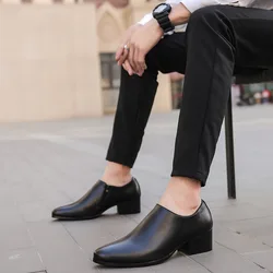 New 8CM Platform Leather Shoes Men Two-layer Cowhide Dress Shoes 2021 Fashion Pointed Toe Zipper Black Casual Business Man Shoe