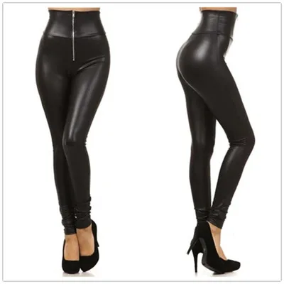 Frauen Leder Leggings Belüftung Zipper Top Qualität Sexy Hosen PUHigh Taille Hosen Schwarz Legging