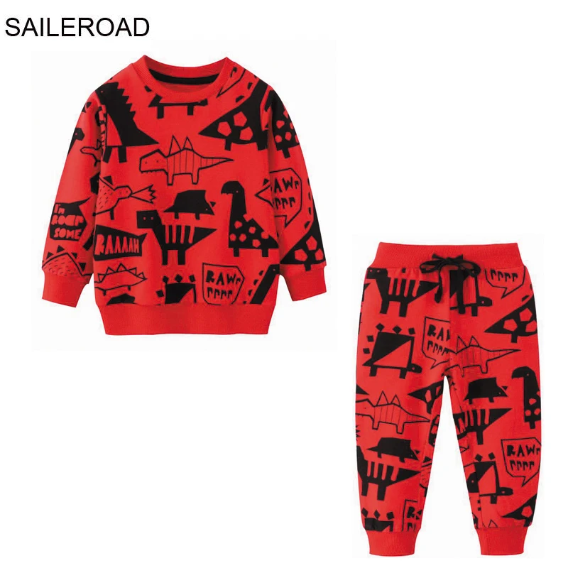 SAILEROAD Atumn Children\'s Clothes Boy Cartoon Dinosaur Sweatershirts+Pants Kids Long Sleeves Clothing Set Teens Sport Tracksuit