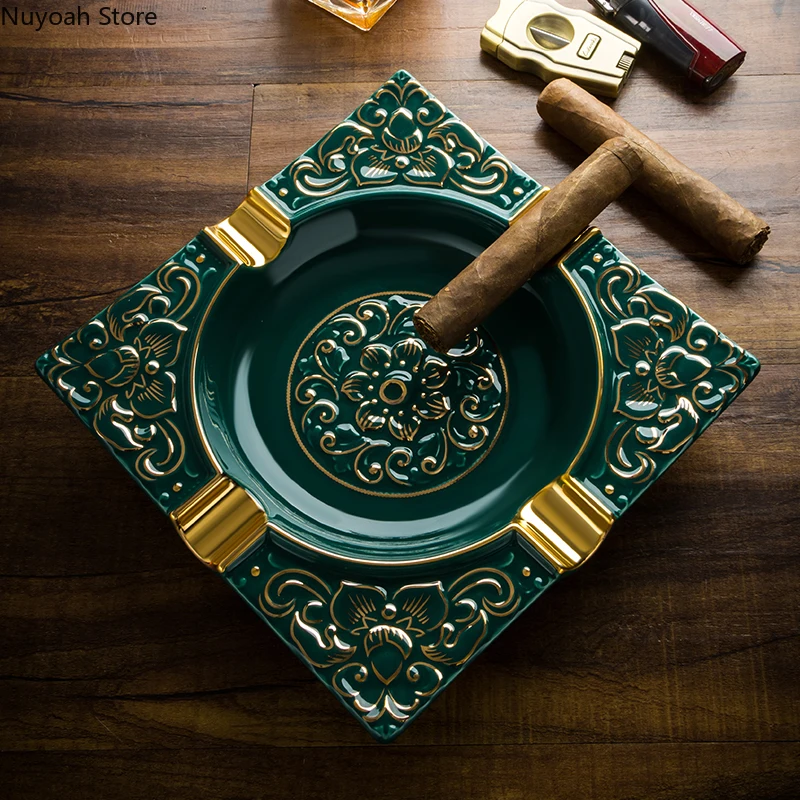 

Luxury Ceramic Cigar Ashtray Creative Craft Carving Living Room Anti-fly Ash Storage Ashtray Home Decoration Accessories