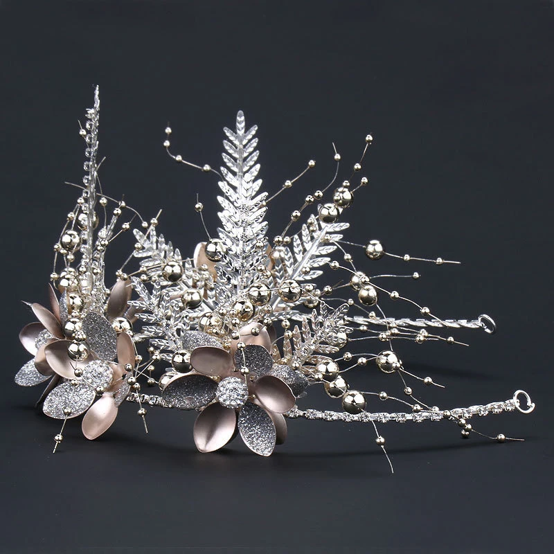 Floral Leaf Crown Hair Hoop Glittery Beaded Tiaras Adjustable Alloy Natural Style Hair Accessories For Bride Women Hair Clips