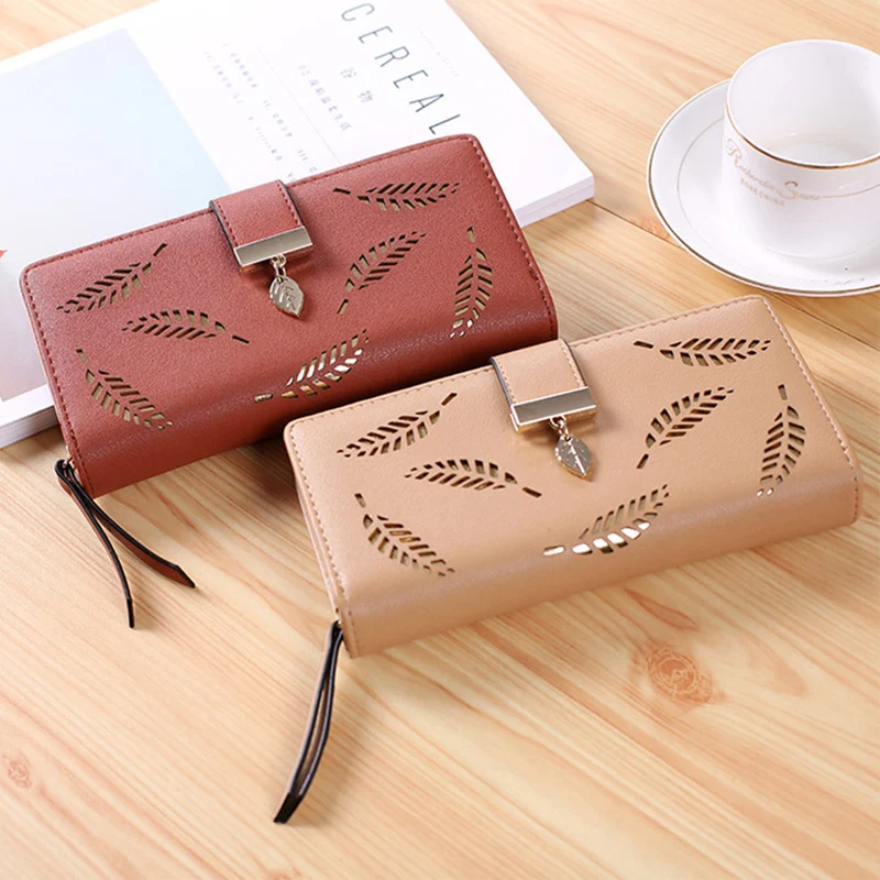 

Длинный кошелек из искусственной кожи со многими отделениями для женщин, женский кошелек высокого качества, женские кошельки, держатель для карт, клатч с полыми листьями