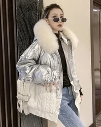 White Duck Down Knitt Stitching Fox Fur Collar Coat Shiny Feather Jacket Short Women 2024 Winter Warm Outwear Lady Hooded Parkas