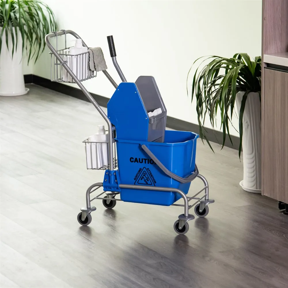 HOMCOM commercial mop bucket with pressure-down drainer wheels and storage baskets capacity of 26 L Blue