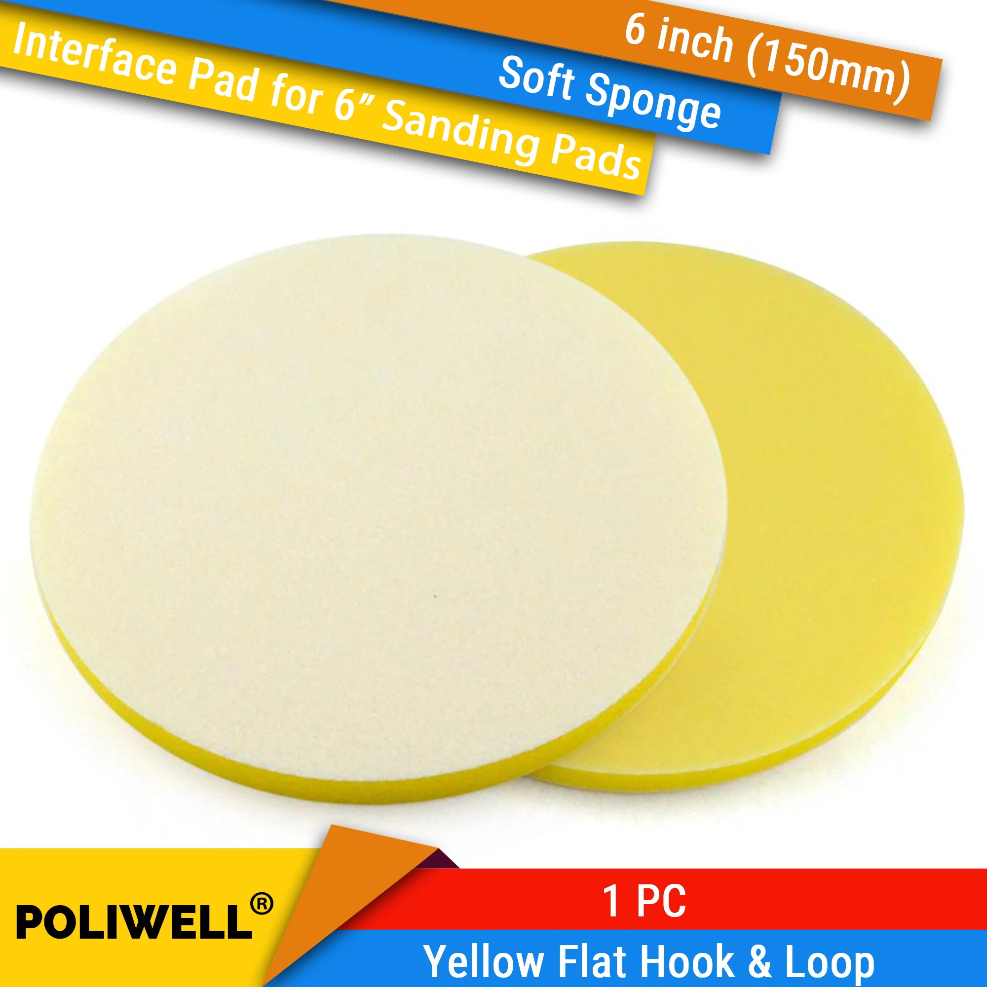 Esponja suave de 6 pulgadas y 150mm, protección de superficie, gancho y bucle plano amarillo, almohadilla de respaldo