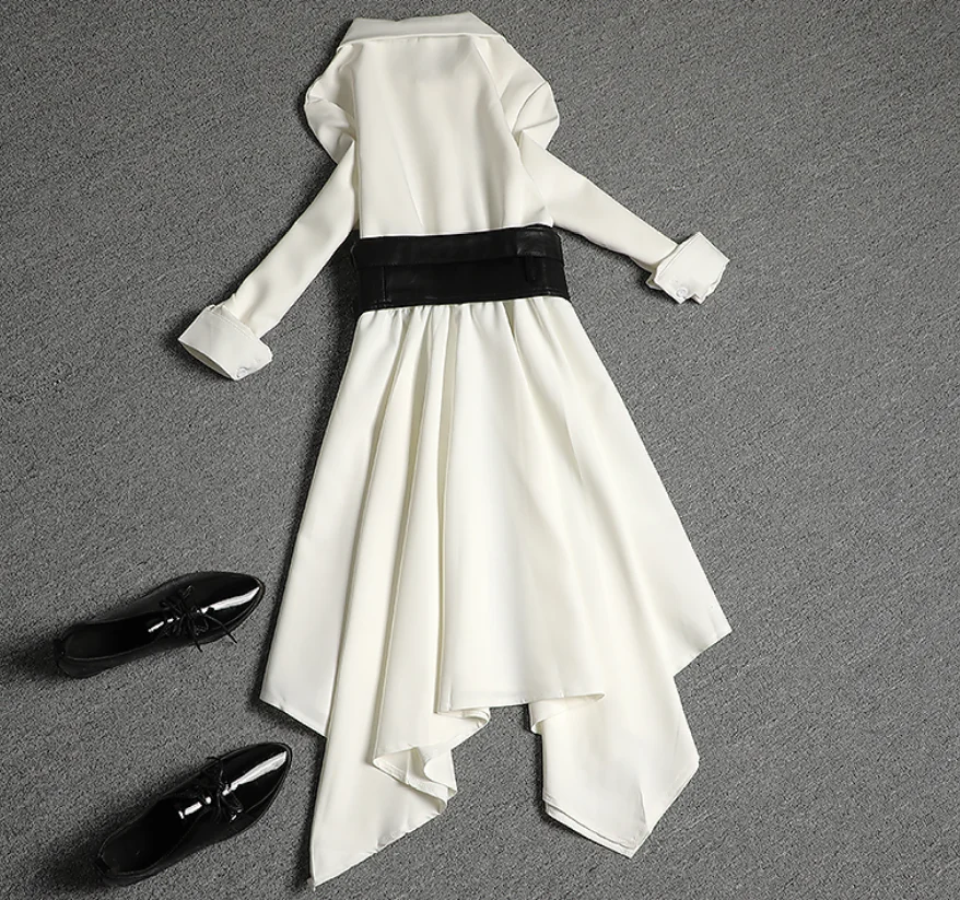 Spring Autumn Shirt Dress For Women With Black Bandage Vest Two Piece Slim Asymmetrical Dress