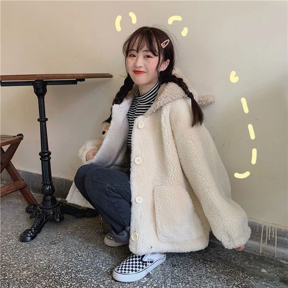 Jackets Women Kawaii Hooded Winter Korean Soft College Single Breasted Girls Outwear Coats Simple Sweet Female Clothing