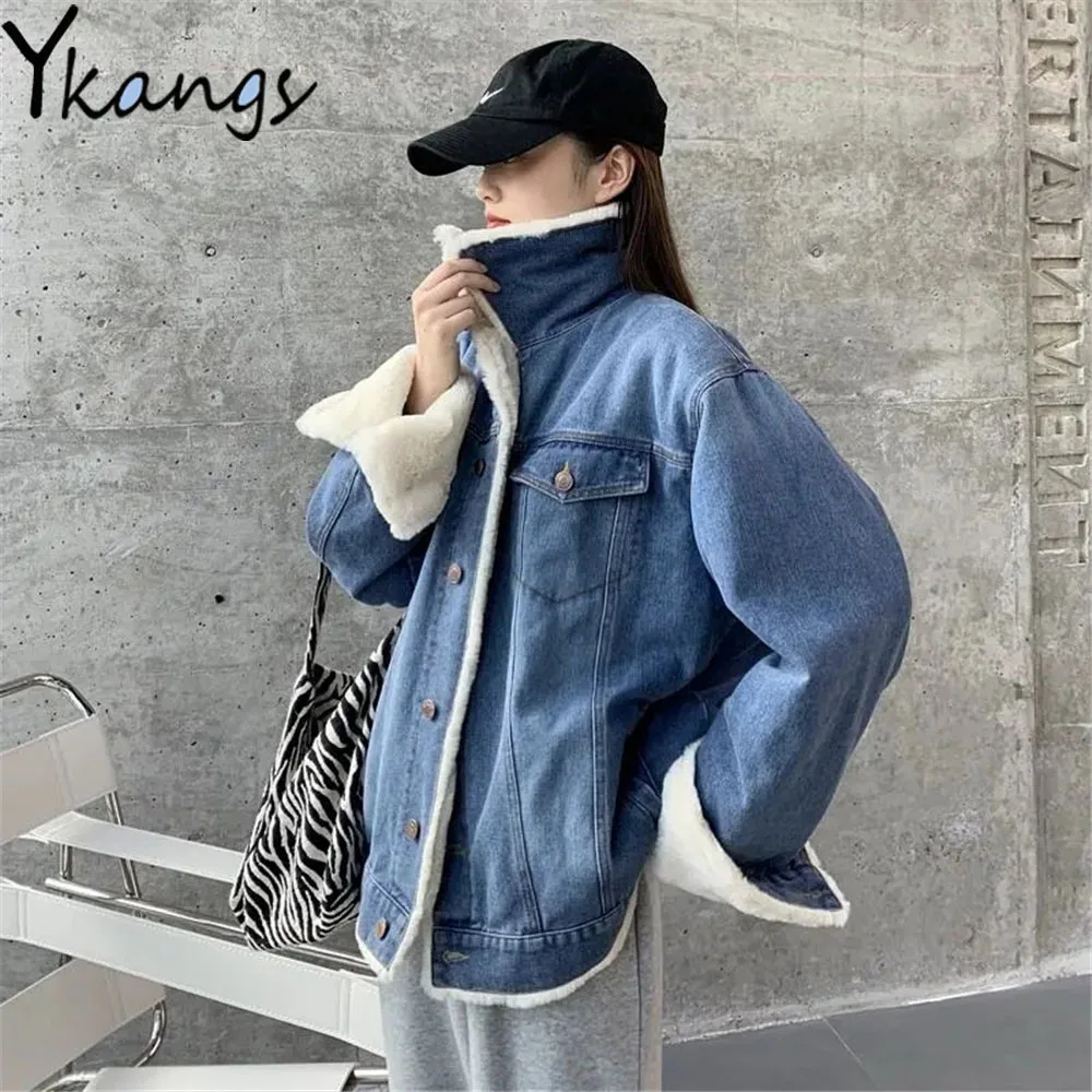 

Plus Velvet Thick Soft Fur Lined Denim Coat Korean Harajuku Women Autumn Winter Jean Jackets Ins Trendy Streetwear Y2k Outwear