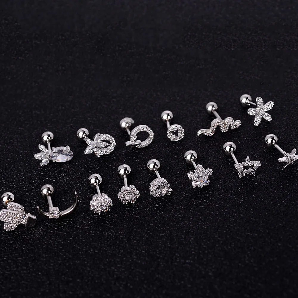 1 piece Small Bar Stud Earrings Mix Style Helix Screw Ball Ear Cartilage Piercing Studs Women Girl Cute Crystal CZ Body Jewelry