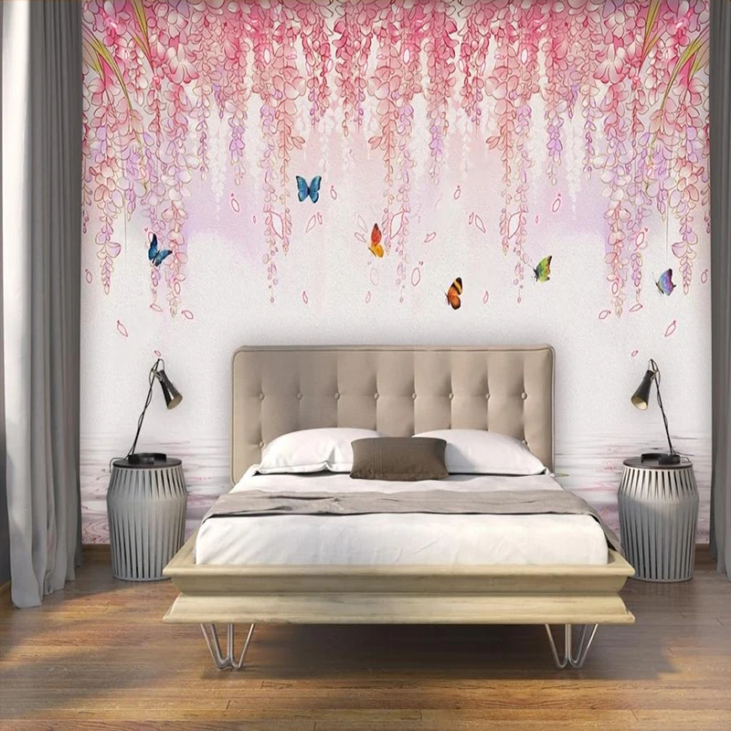 Custom 3D Photo Wallpaper Pink Vine Butterfly Murales Decorativos Wall Papers Home Decor Living Room Indoor Flower Design Murals