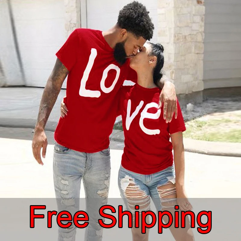 Camiseta de manga corta de algodón para pareja, ropa con estampado de amor para pareja, camiseta informal de Navidad, Top holgado de marca