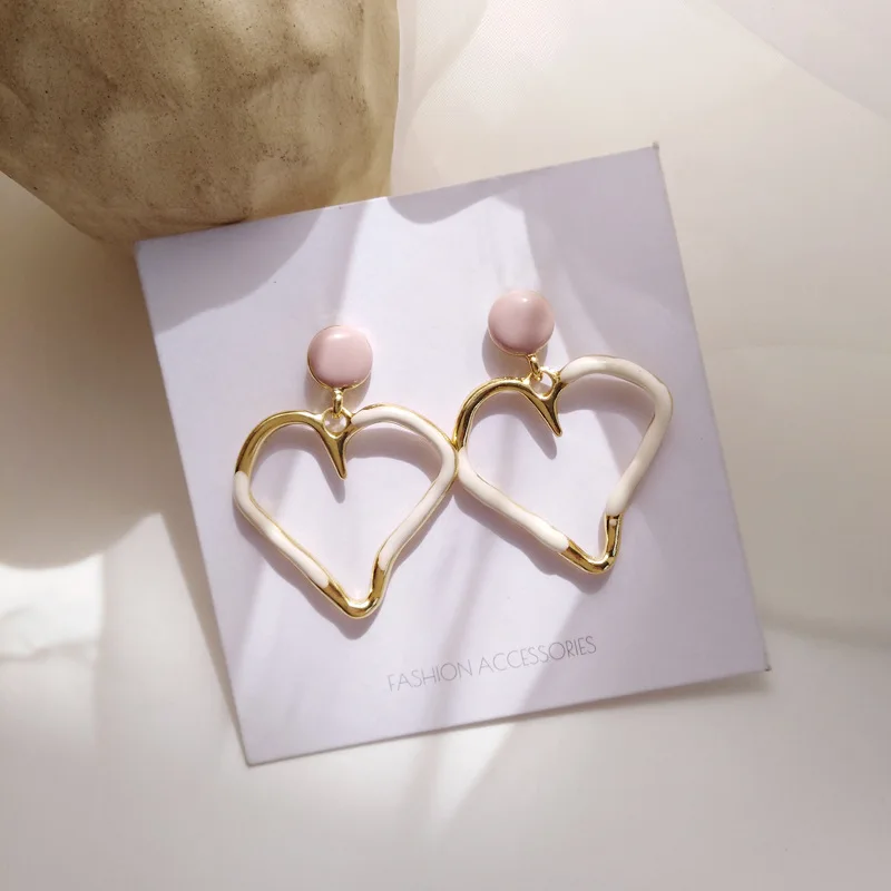 925 Silver Needle Fashion Dangle Earrings New Design Pink Enamel With Metal Heart Drop Earring Modern Jewelry Party Gift