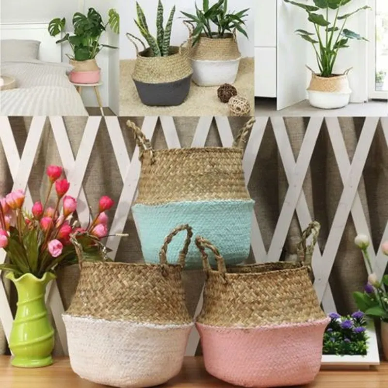 Handmade Bamboo Storage Baskets Foldable Laundry Straw Patchwork Wicker Rattan Seagrass Belly Garden Flower Pot Planter Basket