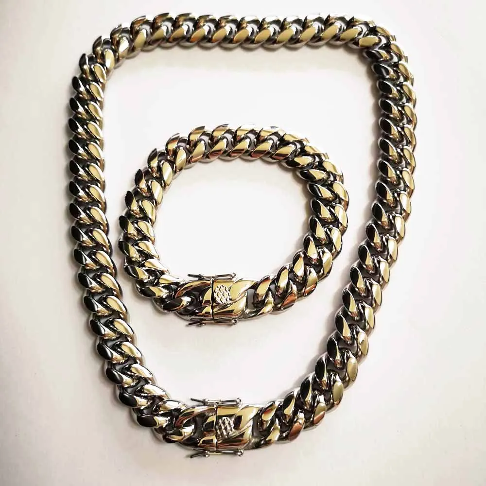 8/10/12/14/16/18mm Stainless Steel Rapper Miami Cuban Link Chain Necklace Bracelet Sets Rapper Cool Hip Hop Mens Punk Jewelry