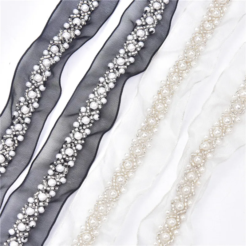 5Yards/Lot Fashion Beaded Lace Trims Handmade Pearl Mesh Applique Diy Wedding Dress Shoes Crafts Garments Decorations Appliques