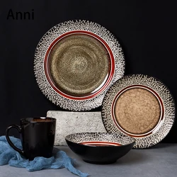 Underglaze Kiln Change Ceramic Plates Set  Japanese Vintage Stripe Decorative Dinner Plate Home Serving Tray Kitchen Cutlery Set