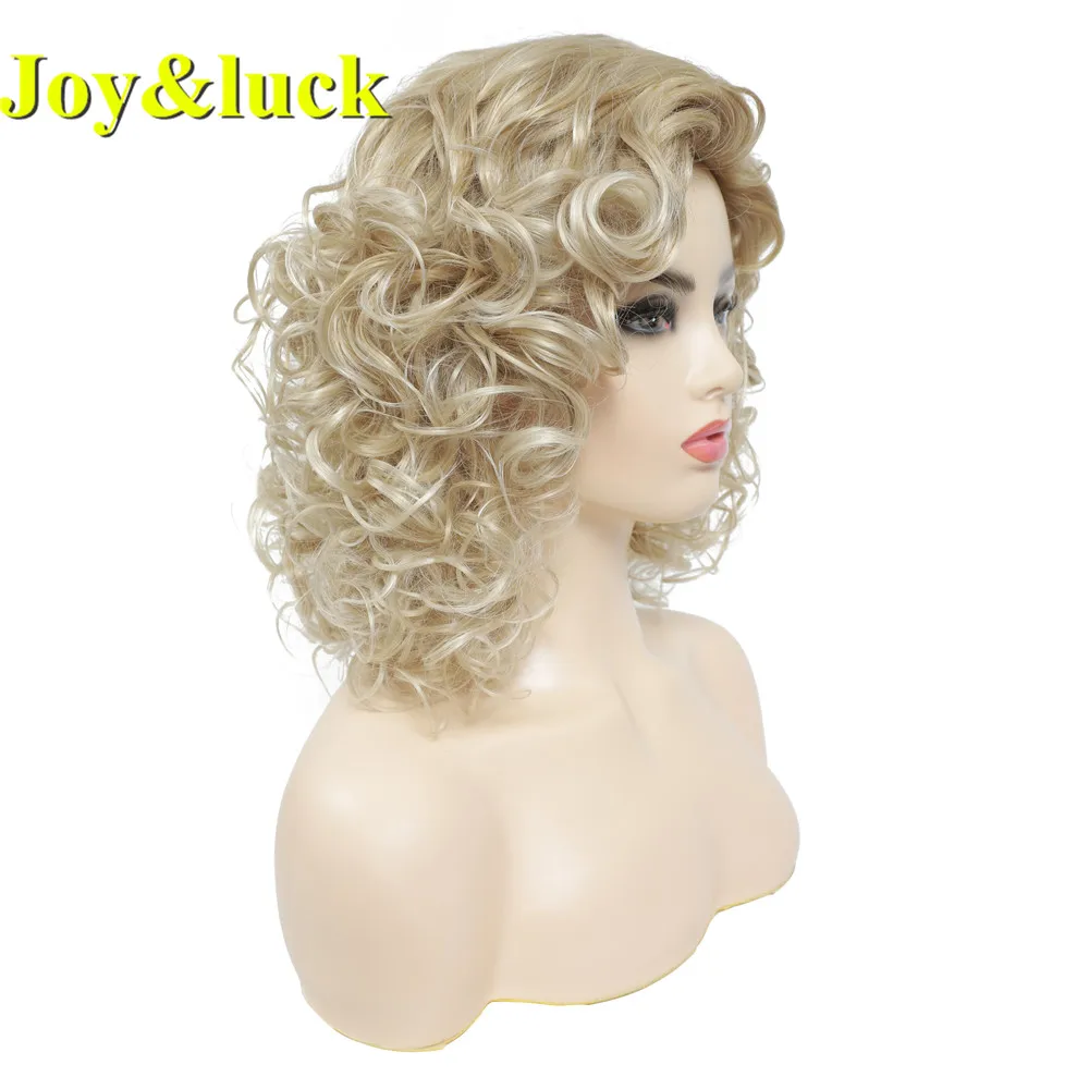 Joy&luck Short Curly Wig Synthetic Hair Wigs Gold Mix Blonde Color Women\'s Full Wig with Bangs Natural Daily Hair Style