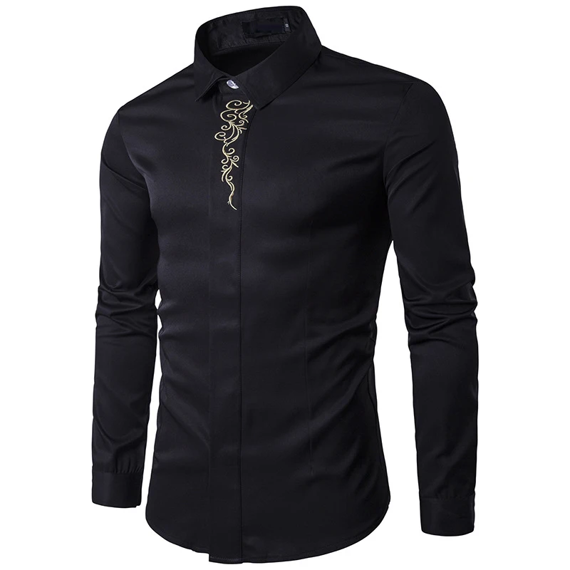 

Men's Black Print Luxury Dress Shirts 2021 Men Tuxedo Shirt Slim Fit Wedding Party Prom Casual Shirt