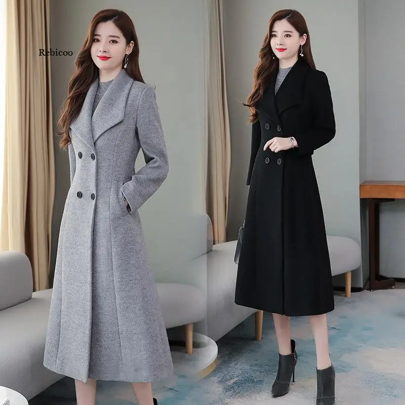 Autumn Winter Women's Woolen Coat Long Sleeve Solid Fashion Double-Breasted Turn Down Collar Slim Windbreaker Female Outerwear