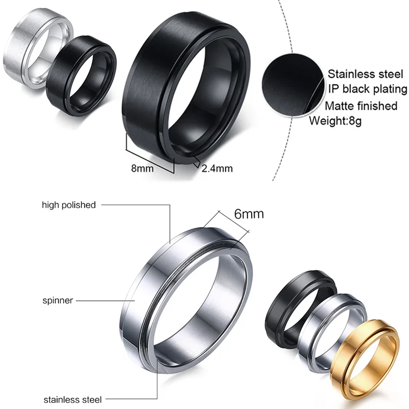 Vnox Basic 6/8mm Spinner Wedding Bands Ring for Men,Stainless Steel Casual Male Anel,Stylish Punk Rotatable Alliance Jewelry