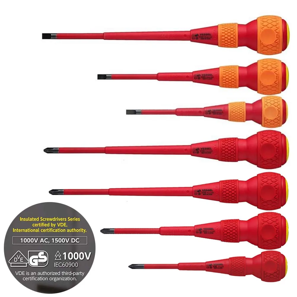 Pack 7pcs/Set Japan Vessel No.200 Phillips and Sloted Ball-Grip Insulated Screwdriver