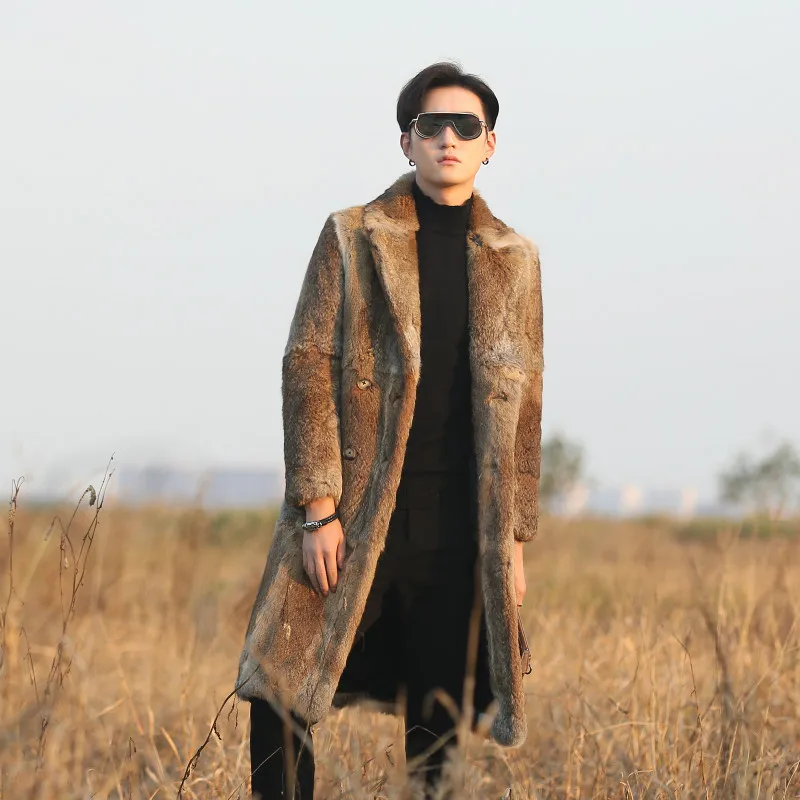 Real genunie natural rabbit fur coat men's English-collar long fashion jacket warm winter custom any size