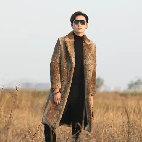 Real genunie natural rabbit fur coat men's English-collar long fashion jacket warm winter custom any size