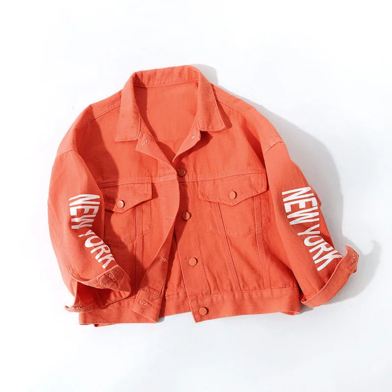 2021 Short Denim Jacket Women Spring Autumn Cotton Student Jeans Outwear Letter Print Loose Casual Top Grass-green Orange KW1016