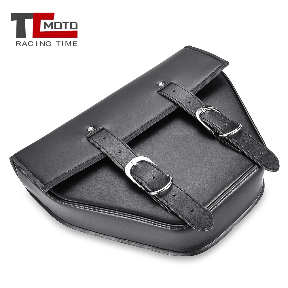 TCMOTO Universal Black Motorcycle Saddlebag Leather Bag Storage Tool Pouch for Harley Sportster XL883 Cafe Racer Honda