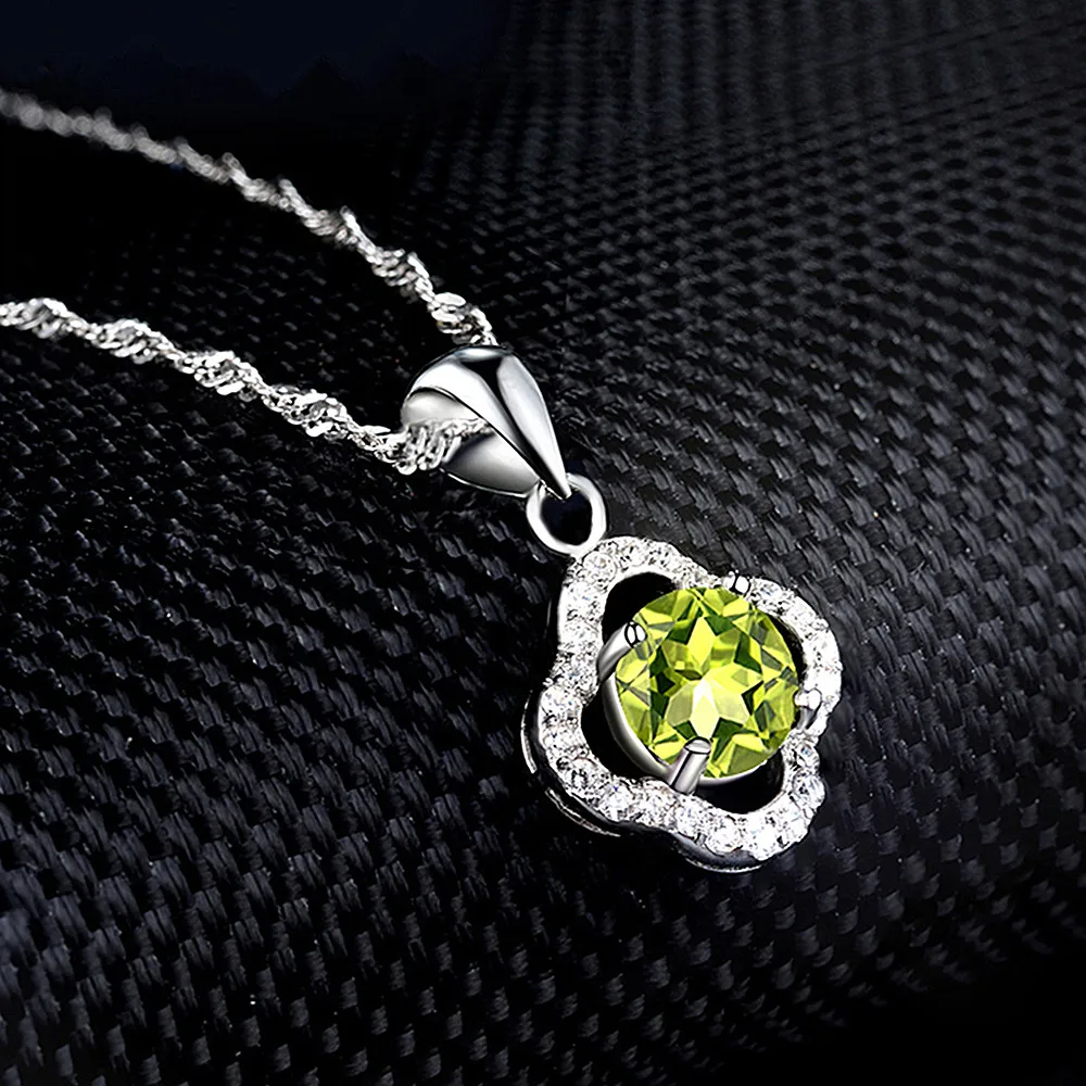 Fashion lucky clover olive crystal peridot gemstones diamonds pendant necklaces for women white gold silver color choker jewelry