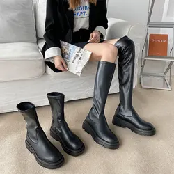 Women's Ankle Shoes Mid Calf High Long Boots Platform Non Slip PU Leather Soft New Ladies Fashion Spring Autumn Fur Black Female