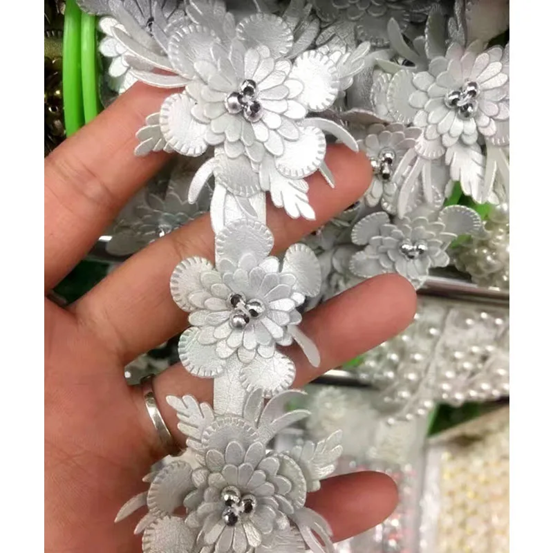 2y Artificial Leather Flower Pearl Embroidered Lace Trim Ribbon Fabric Sewing Supply Craft DIY For Costume Dress Hat Decoration