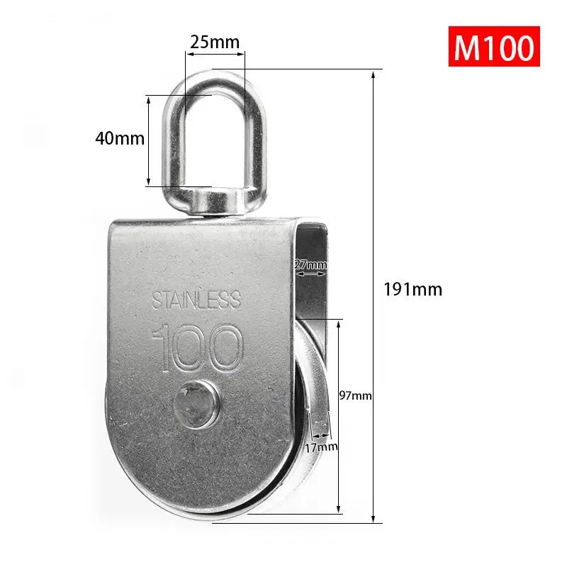 M100 Lifting Single Pulley Roller Loading 3300Ibs, 304 Stainless Steel Heavy Duty Single Wheel Swivel Lifting Rope Pulley Block