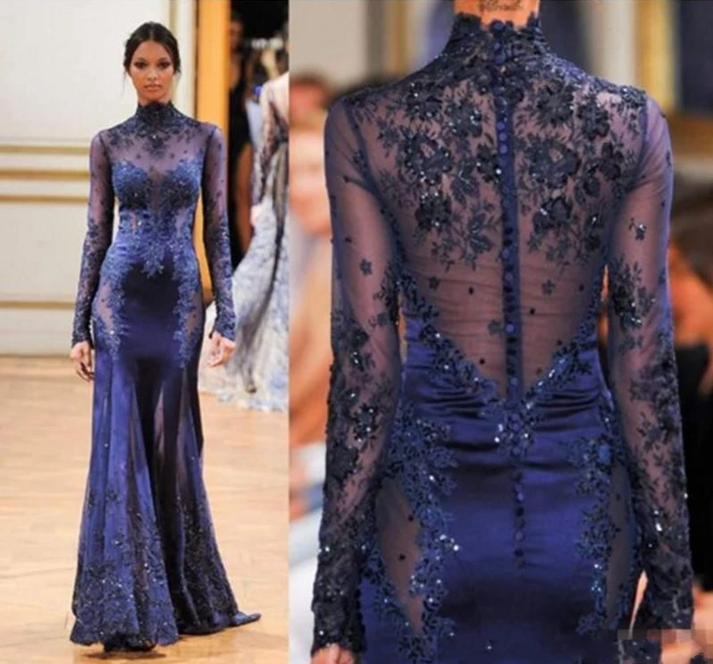 2023 Zuhair Murad High Neck Spitze Formale Abendkleid Lange Hülse Sehen-durch Perlen Appliques Prom Celebrity Kleider Navy blau