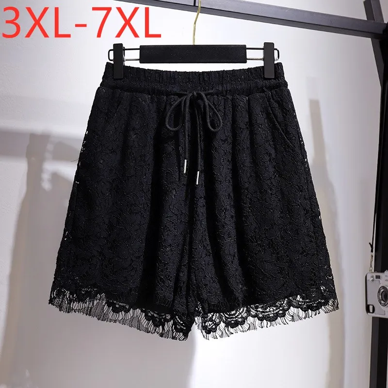 New 2021 Ladies Summer Plus Size Women Clothing Shorts For Women Large Loose Black Wide Leg Pocket Belt Lace Shorts -