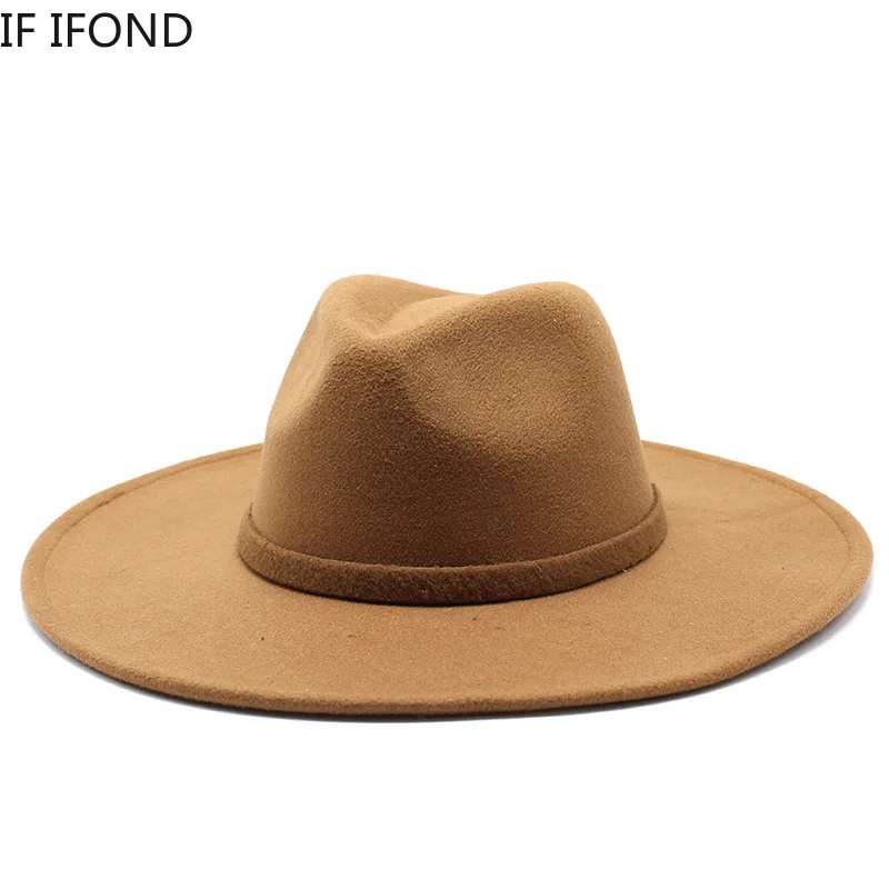 9.5CM Women Men Big Wide Brim Imitation Wool Fedora Hat British Style Winter Gentleman Elegant Lady Jazz Church Hats