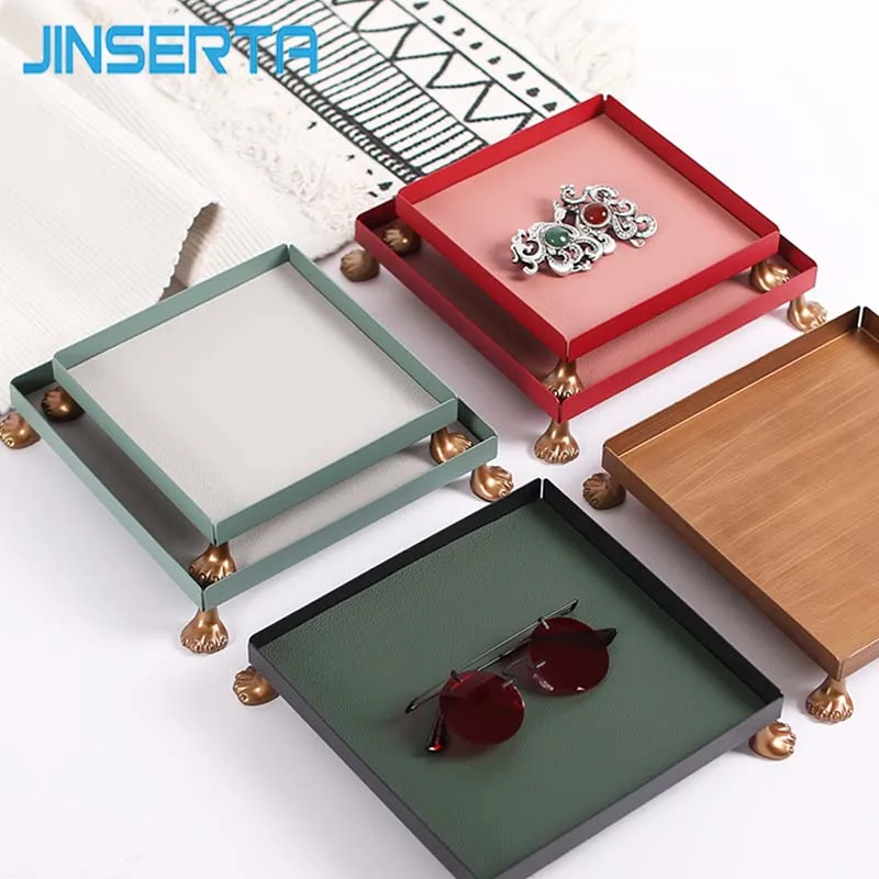 

JINSERTA Metal Storage Tray Jewelry Display Plate PU Leather Necklace Earrings Cosmetic Organizer Desktop Sundries Tray Gifts