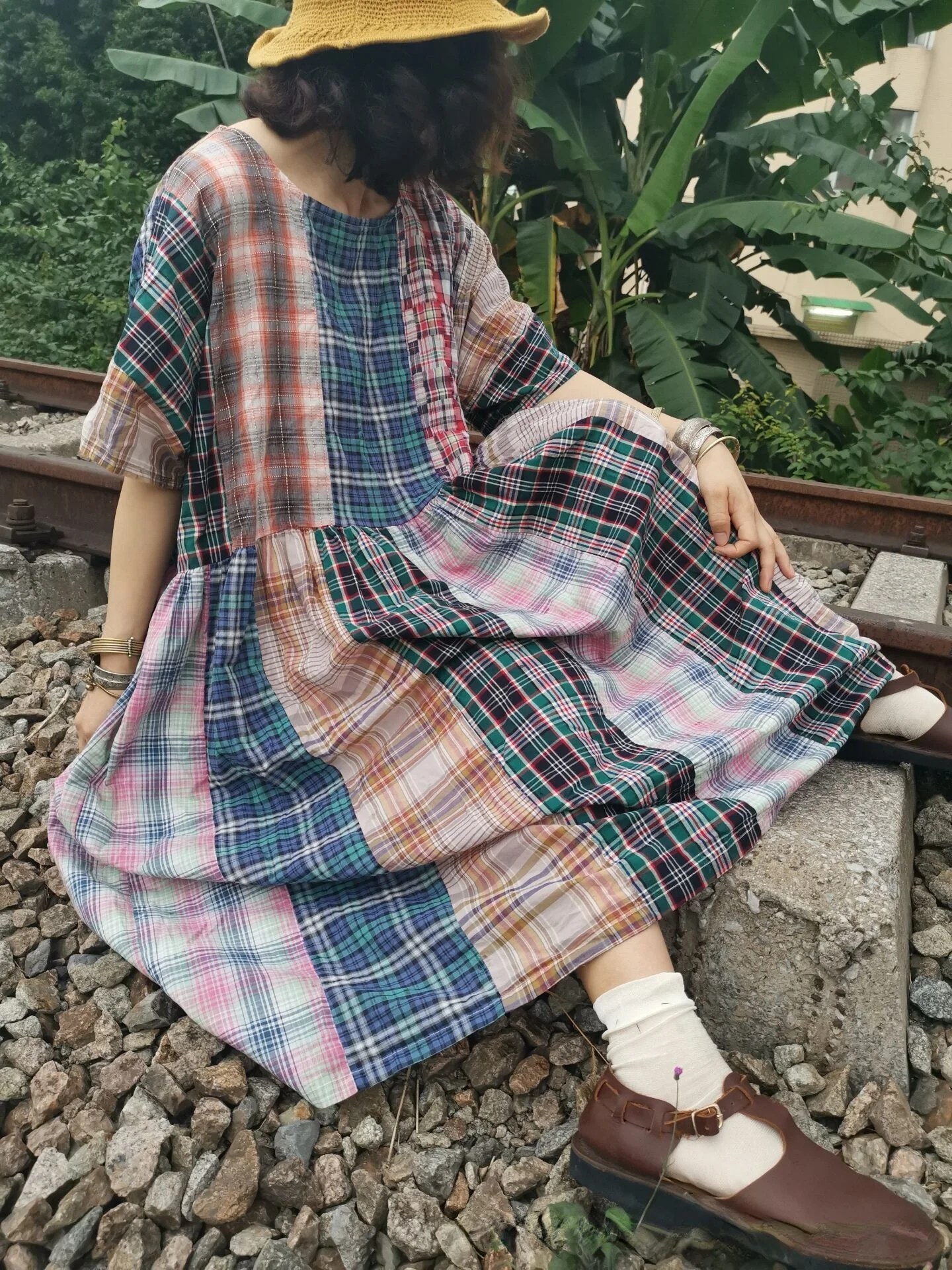 Original Casual Literary Loose Patchwork Plaid Long Dress Women Summer Clothes For Women Woman Clothing