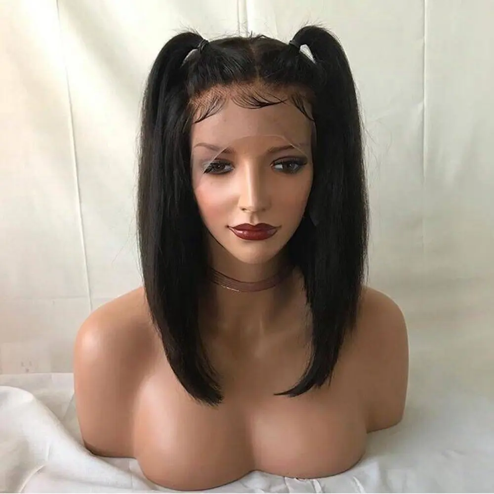 DLME Wig sintetik hitam renda depan, Wig Bob pendek hitam ukuran 13x4 renda rambut tahan panas untuk wanita