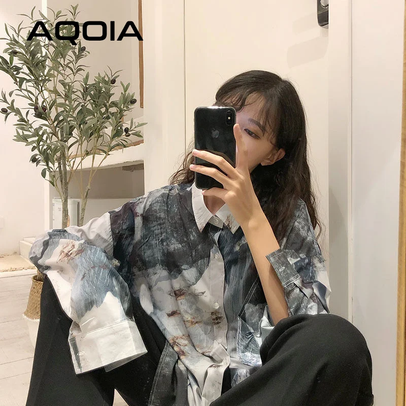 Women\'s Korean Style Chic Abstract Ink Printing Long Sleeve Blouse Shirt Turn Down Collar Loose Ladies Shirt Y2K Spring 2024