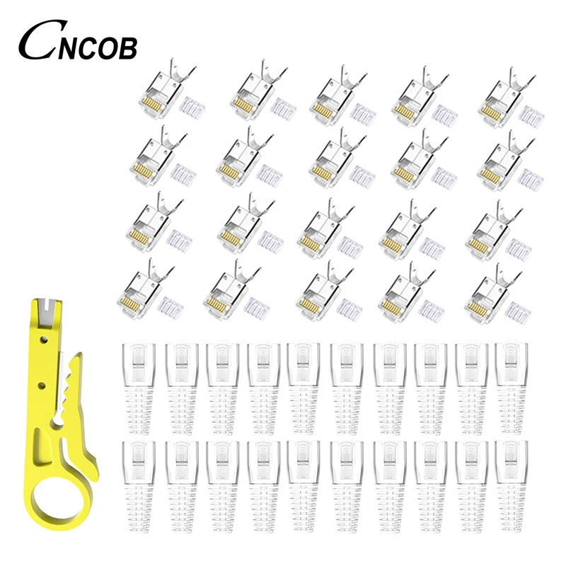 Cat6 50u FTP Connectors 8P8C Cat6a Cat5e Ethernet Plug Cable Ends with Tails 20pcs + 20pcs Transparent RJ45 Boots Covers