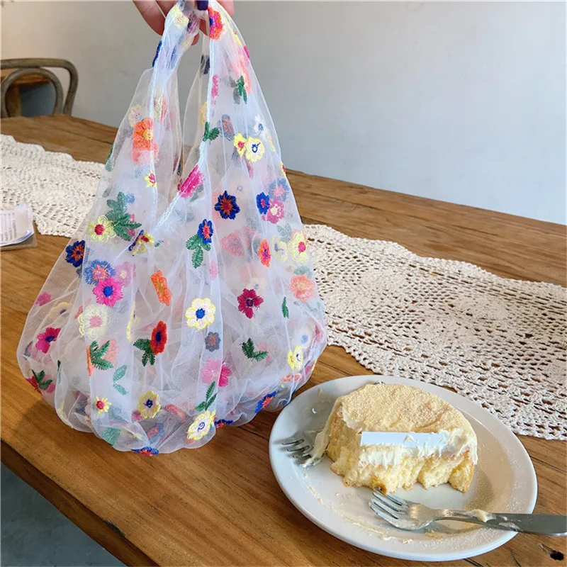 Korean Ins Translucent Tulle Embroidery Flower Bag Floral Fairy Small Fresh Net Yarn Hand Bag Student Female Beach Handbags 2024