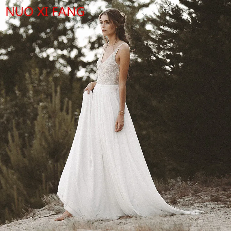 NUOXIFANG Beach Wedding Dresses V Neck Lace Top Chiffon Skirt A-Line White Open Back Bride Dress Boho Wedding Gown Free Shipping