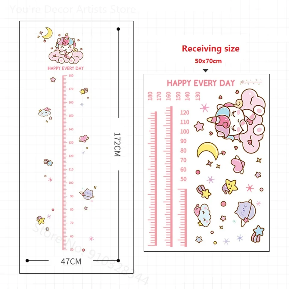 女の子と男の子のための高さのピンクのユニコーンステッカー,部屋の高さの定規,漫画の壁のステッカー,保育園のギフト,高さの測定ステッカー