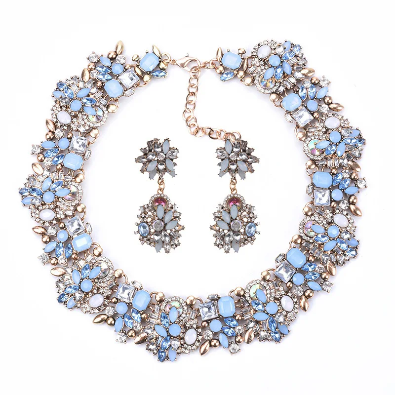 Luxury Crystal Rhinestone Necklace Earrings Jewelry Sets Women Indian Statement Large Collar Choker Necklace Wedding Jewelry