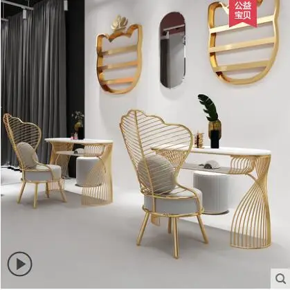 Web celebrity wind marble nail table and chair set single person double layer gold iron simple nail table nail table